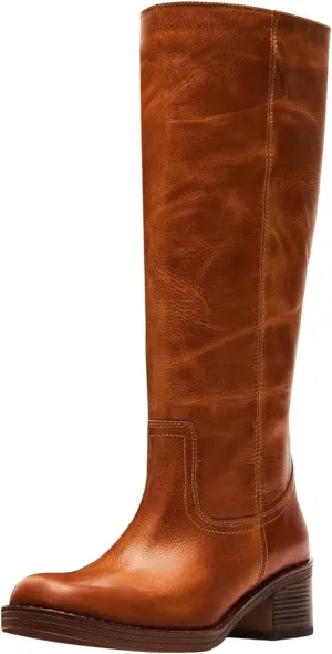 FOWT Women Platform Round Toe Calf High Boots Chunky Block Low Heel Riding Boots Pull on Wide Calf Shoes Size 4-16 US