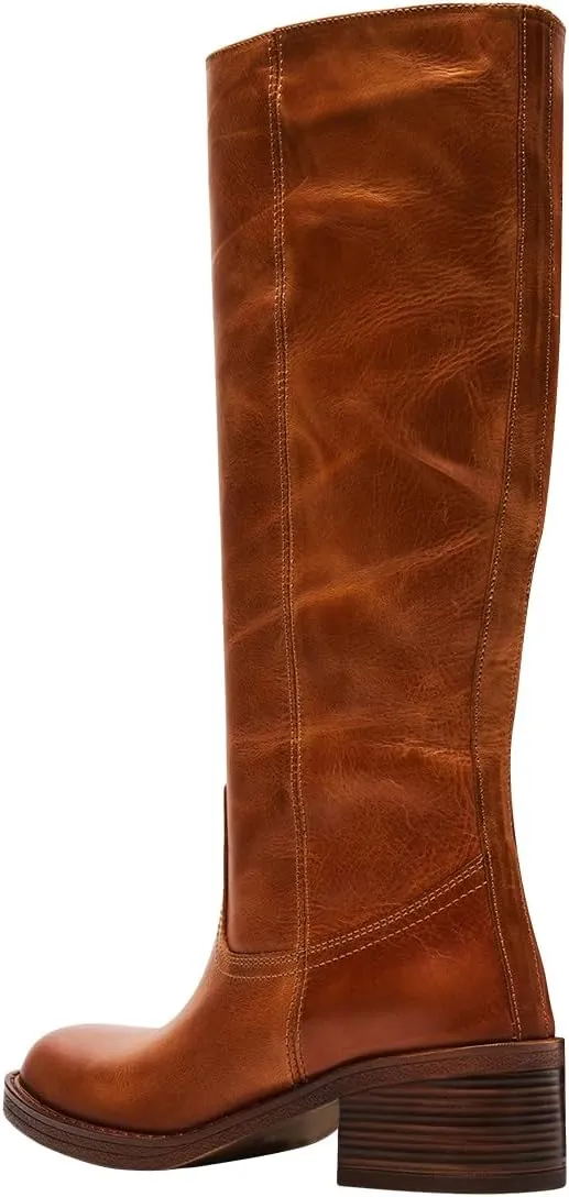 FOWT Women Platform Round Toe Calf High Boots Chunky Block Low Heel Riding Boots Pull on Wide Calf Shoes Size 4-16 US