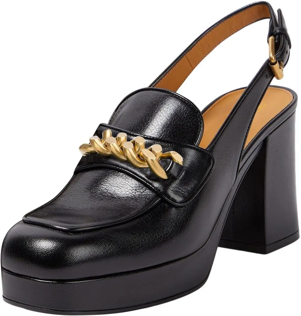 FOWT Women Platform Round Toe Pumps Chain Chunky High Heel Slingback Penny Loafers Stable Office Daily Shoes Size 4-16 US