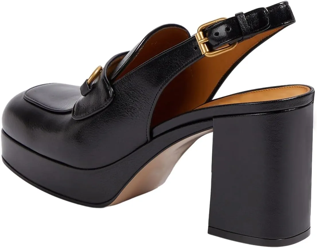 FOWT Women Platform Round Toe Pumps Chain Chunky High Heel Slingback Penny Loafers Stable Office Daily Shoes Size 4-16 US