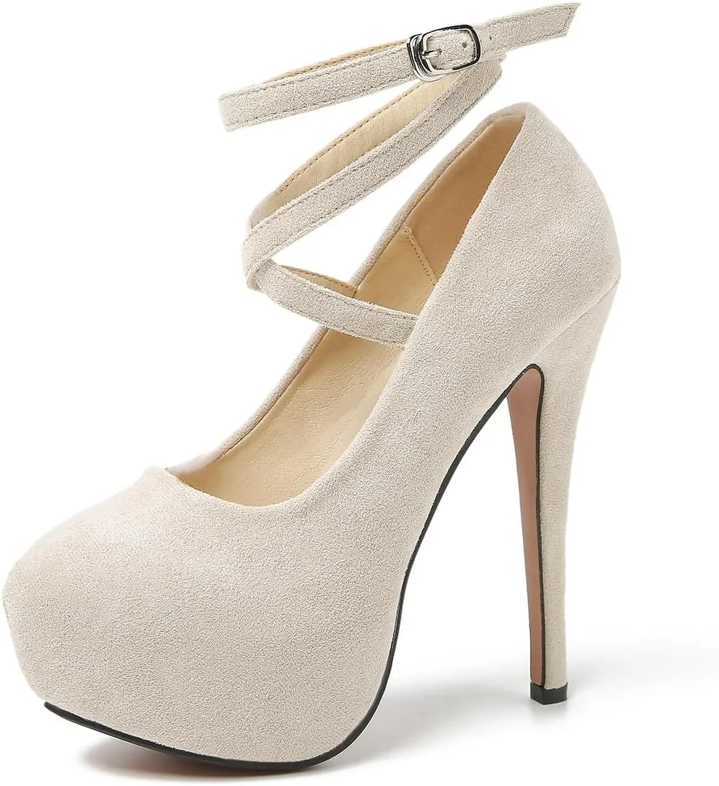 FOWT Women Platform Round Toe Pumps Lace Up Strappy Stiletto High Heels Party Eveing Club Shoes Size 4-16 US