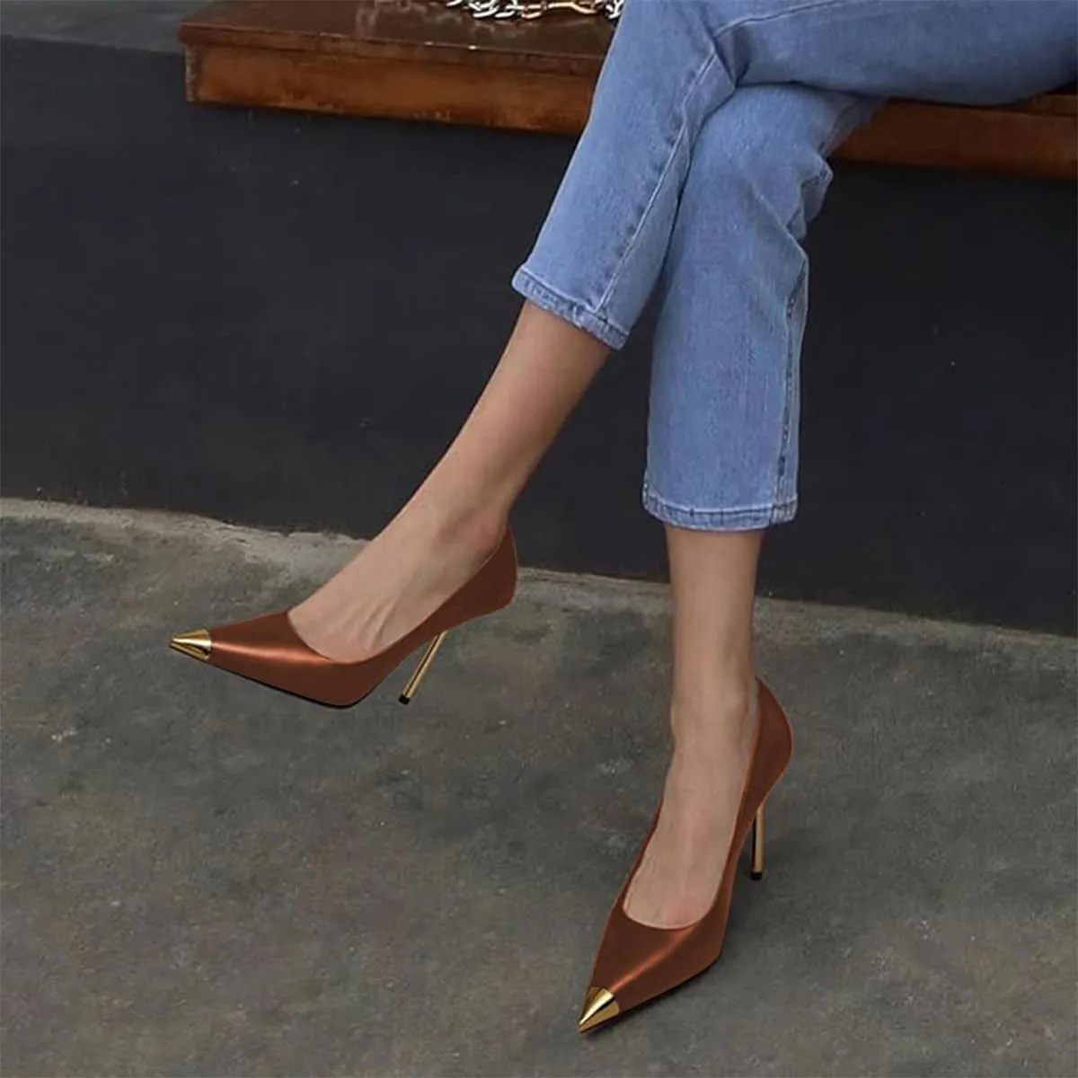 FOWT Women Pointed Cap Toe Pumps Slip on Golden Stiletto High Heels Sexy Dance Club Party Shoes Size 4-16 US