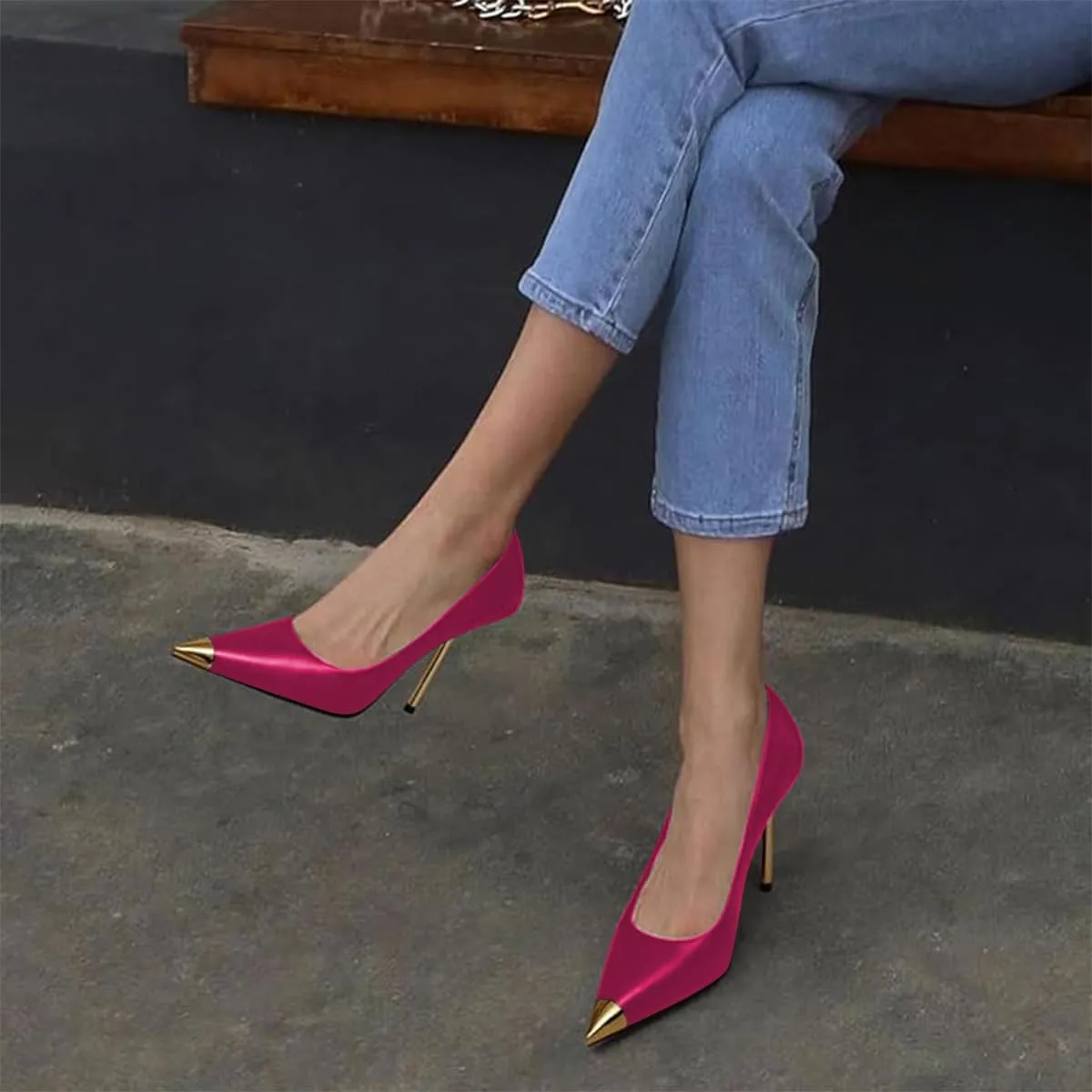 FOWT Women Pointed Cap Toe Pumps Slip on Golden Stiletto High Heels Sexy Dance Club Party Shoes Size 4-16 US