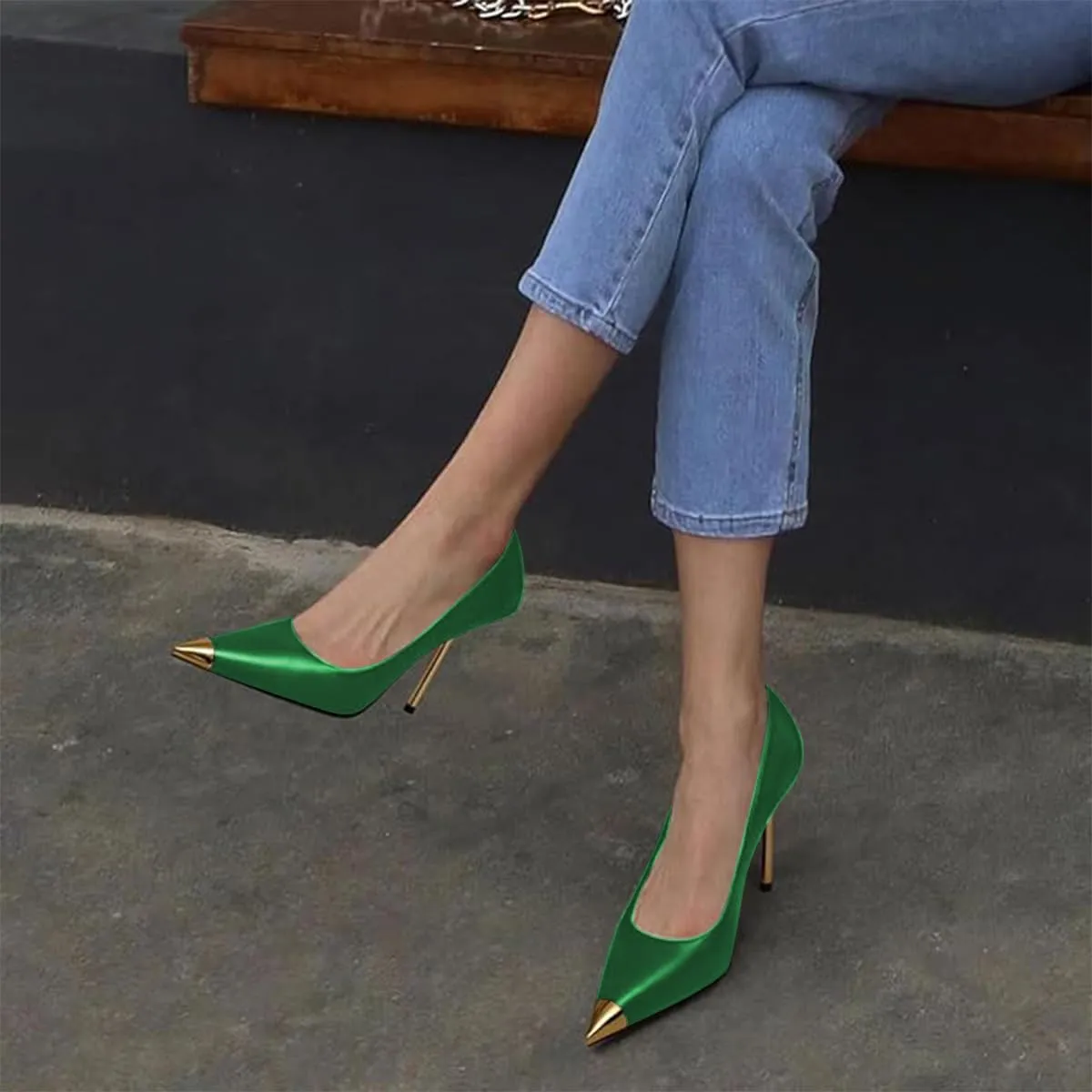 FOWT Women Pointed Cap Toe Pumps Slip on Golden Stiletto High Heels Sexy Dance Club Party Shoes Size 4-16 US