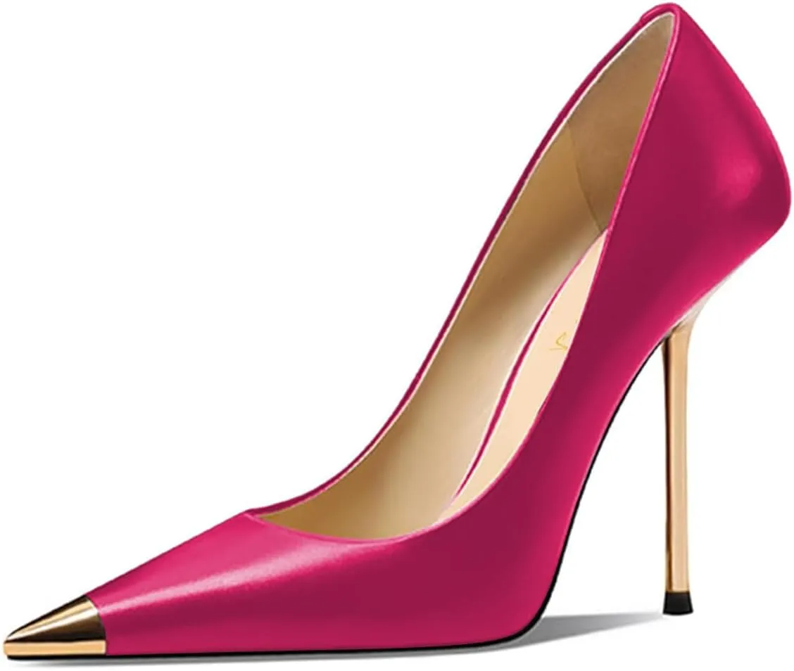 FOWT Women Pointed Cap Toe Pumps Slip on Golden Stiletto High Heels Sexy Dance Club Party Shoes Size 4-16 US