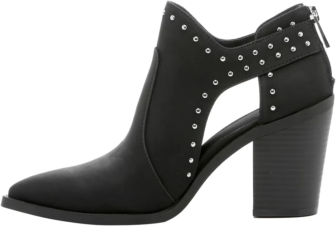 FOWT Women Pointed Toe Ankle Boots Rivet Studded Chunky High Heel Booties Hollow Cut Back Zipper Shoes Size 4-16 US
