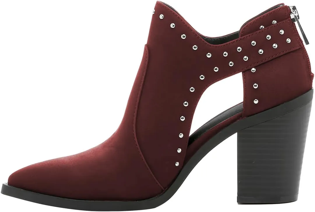 FOWT Women Pointed Toe Ankle Boots Rivet Studded Chunky High Heel Booties Hollow Cut Back Zipper Shoes Size 4-16 US