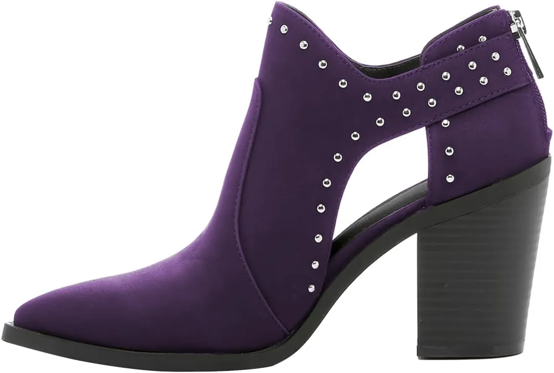 FOWT Women Pointed Toe Ankle Boots Rivet Studded Chunky High Heel Booties Hollow Cut Back Zipper Shoes Size 4-16 US