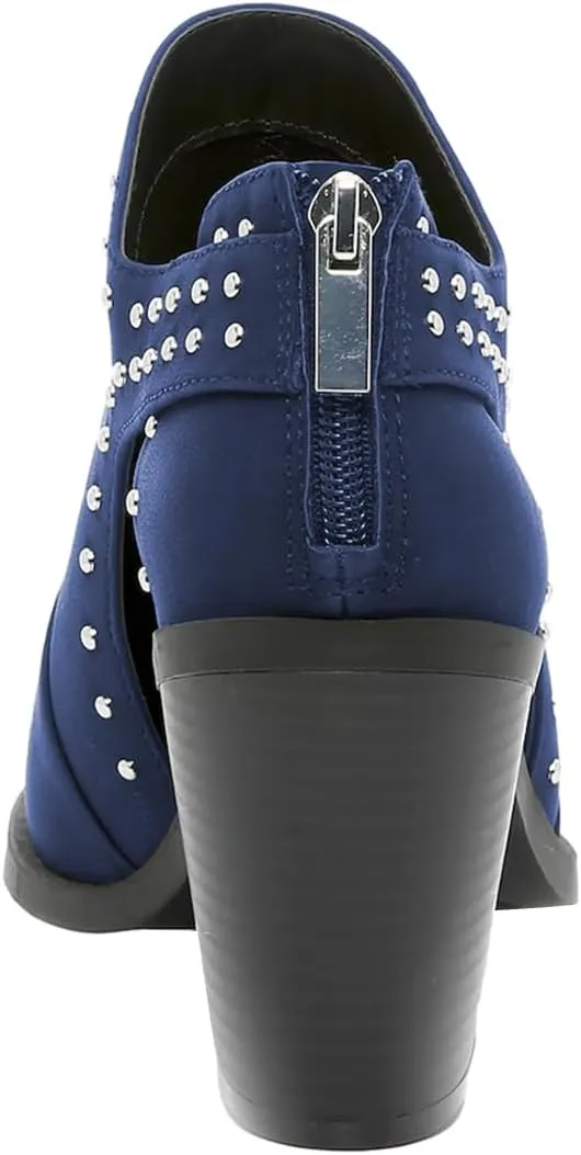 FOWT Women Pointed Toe Ankle Boots Rivet Studded Chunky High Heel Booties Hollow Cut Back Zipper Shoes Size 4-16 US