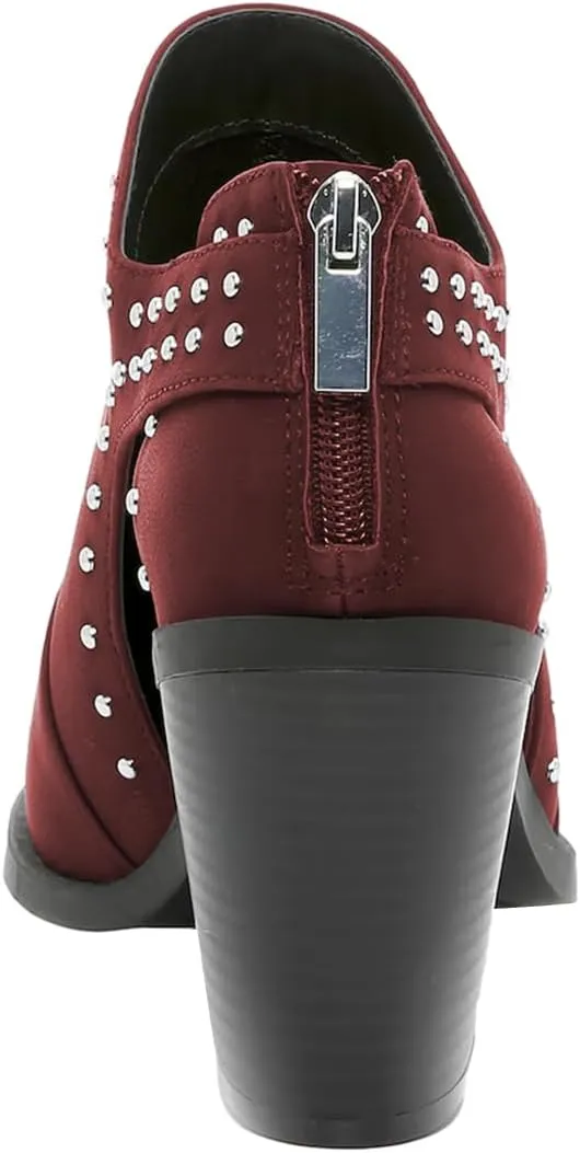 FOWT Women Pointed Toe Ankle Boots Rivet Studded Chunky High Heel Booties Hollow Cut Back Zipper Shoes Size 4-16 US
