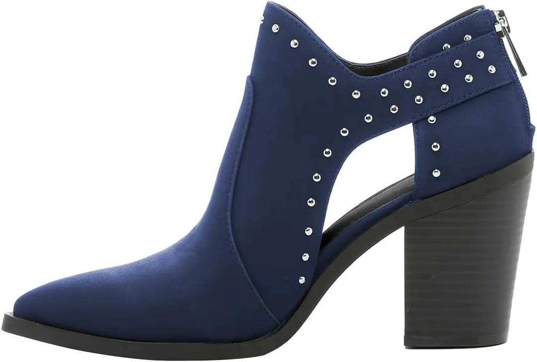 FOWT Women Pointed Toe Ankle Boots Rivet Studded Chunky High Heel Booties Hollow Cut Back Zipper Shoes Size 4-16 US