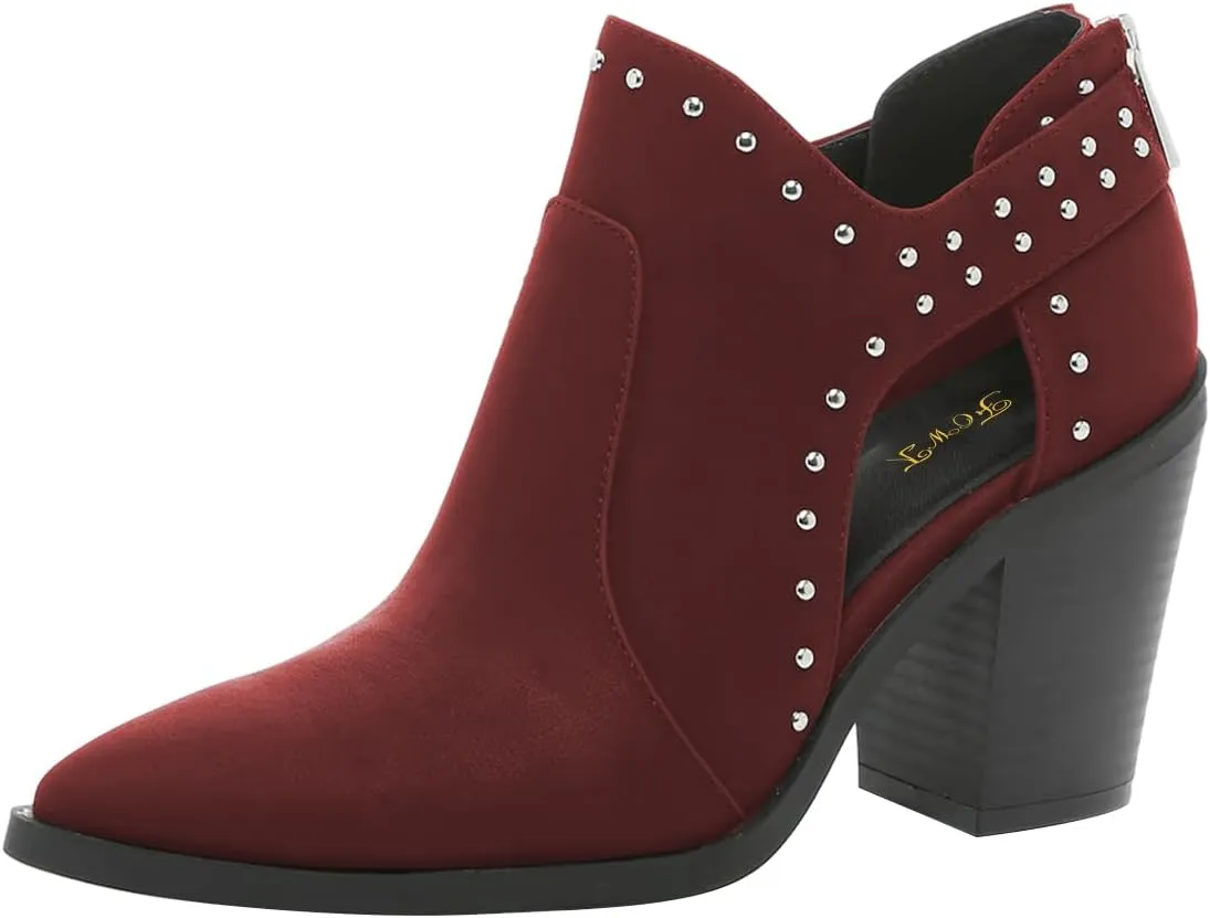 FOWT Women Pointed Toe Ankle Boots Rivet Studded Chunky High Heel Booties Hollow Cut Back Zipper Shoes Size 4-16 US