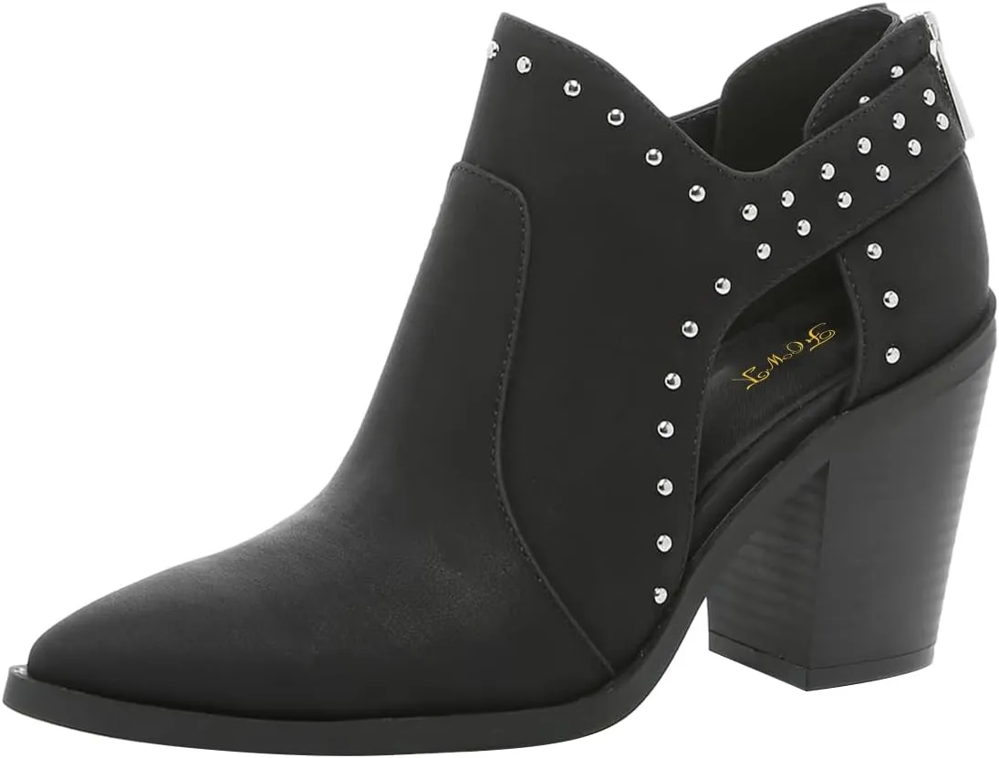FOWT Women Pointed Toe Ankle Boots Rivet Studded Chunky High Heel Booties Hollow Cut Back Zipper Shoes Size 4-16 US