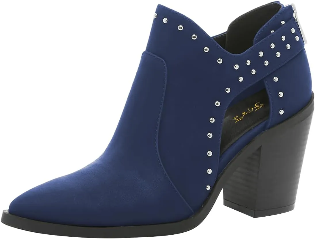 FOWT Women Pointed Toe Ankle Boots Rivet Studded Chunky High Heel Booties Hollow Cut Back Zipper Shoes Size 4-16 US