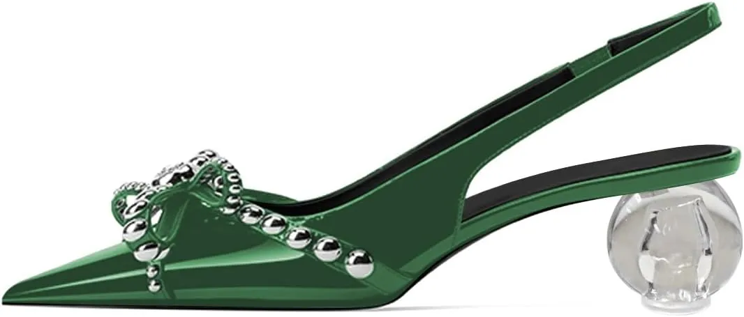 FOWT Women Pointed Toe Bow Pumps Crystal Low Heel Slingbacks Rivet Studded Party Club Evening Shoes Size 4-16 US