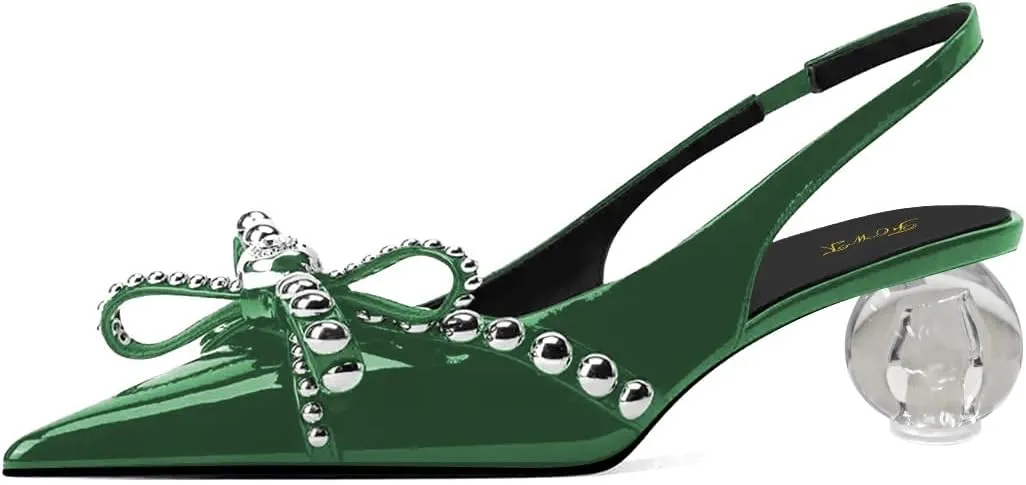 FOWT Women Pointed Toe Bow Pumps Crystal Low Heel Slingbacks Rivet Studded Party Club Evening Shoes Size 4-16 US
