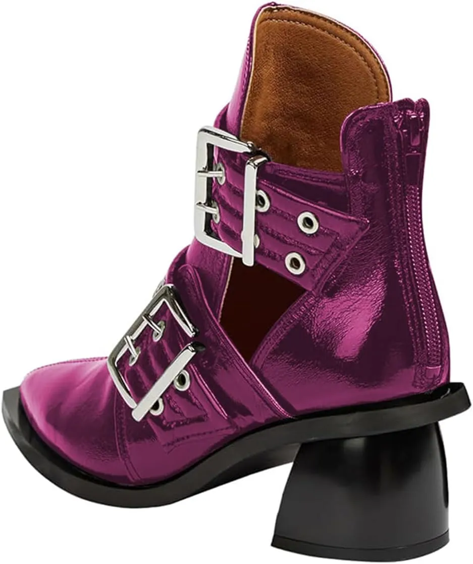 FOWT Women Pointed Toe Chelsea Boots Chunky Mid Heel Ankle Booties Hollow Cut Strappy Back Zipper Shoes Size 4-16 US
