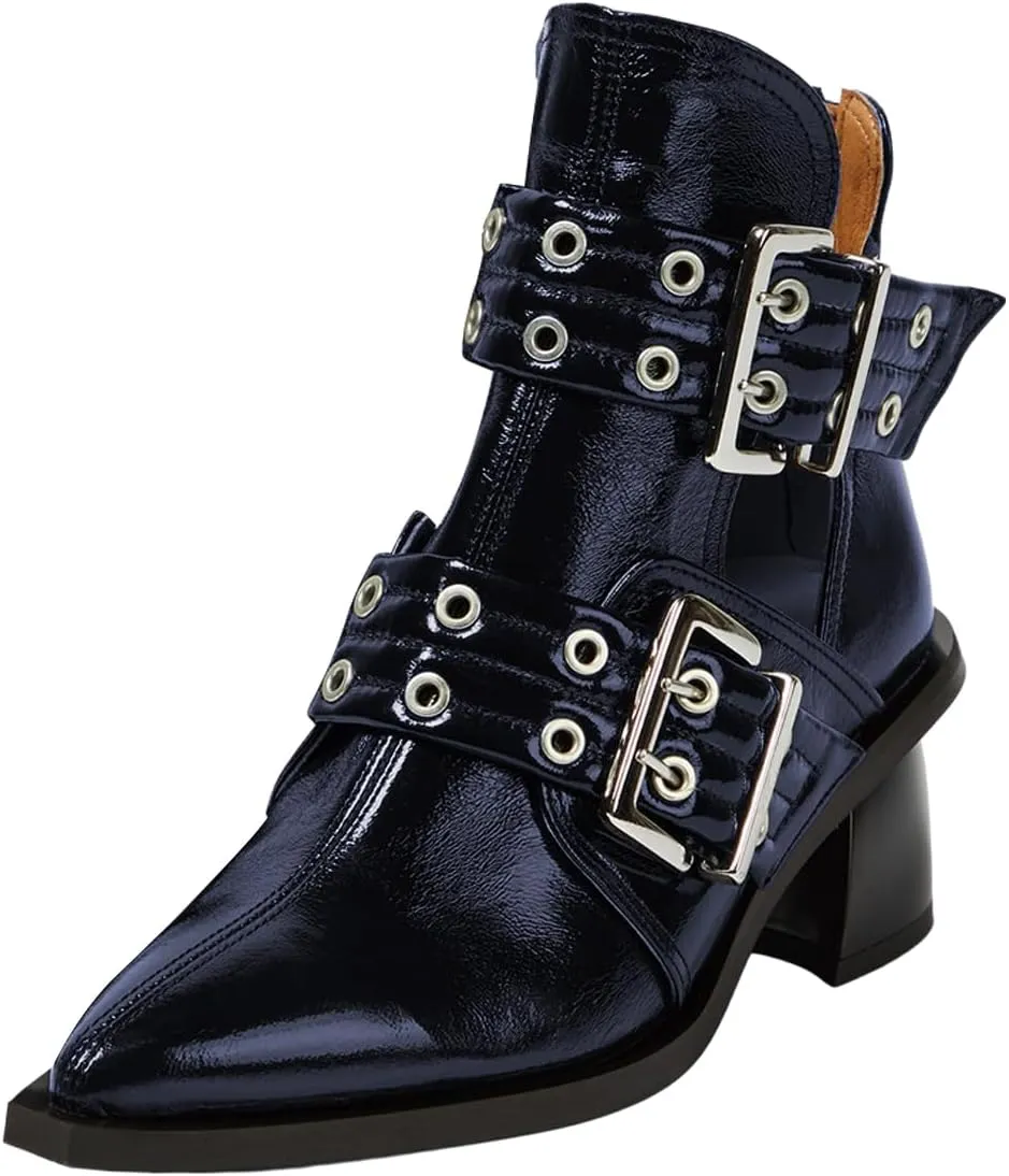 FOWT Women Pointed Toe Chelsea Boots Chunky Mid Heel Ankle Booties Hollow Cut Strappy Back Zipper Shoes Size 4-16 US