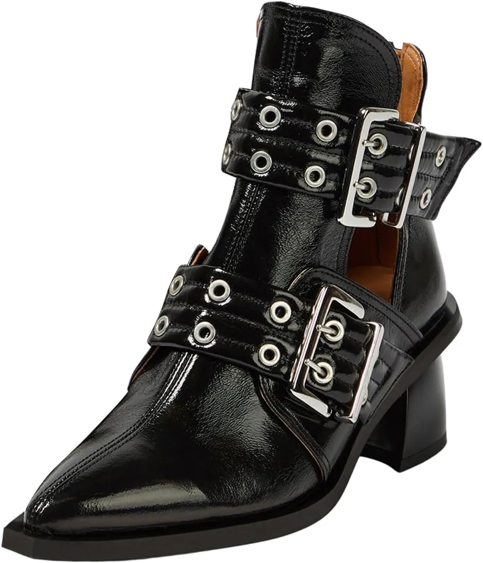FOWT Women Pointed Toe Chelsea Boots Chunky Mid Heel Ankle Booties Hollow Cut Strappy Back Zipper Shoes Size 4-16 US