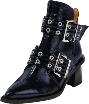 FOWT Women Pointed Toe Chelsea Boots Chunky Mid Heel Ankle Booties Hollow Cut Strappy Back Zipper Shoes Size 4-16 US