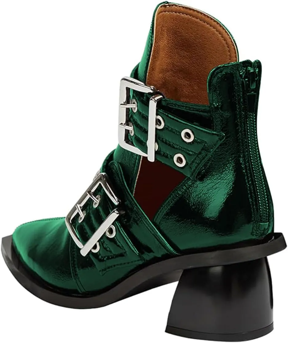 FOWT Women Pointed Toe Chelsea Boots Chunky Mid Heel Ankle Booties Hollow Cut Strappy Back Zipper Shoes Size 4-16 US