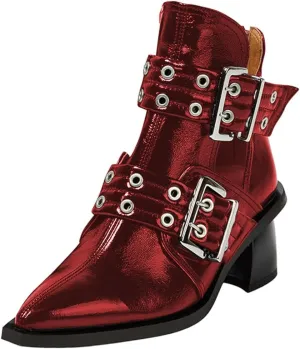 FOWT Women Pointed Toe Chelsea Boots Chunky Mid Heel Ankle Booties Hollow Cut Strappy Back Zipper Shoes Size 4-16 US