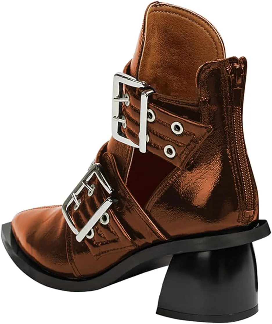 FOWT Women Pointed Toe Chelsea Boots Chunky Mid Heel Ankle Booties Hollow Cut Strappy Back Zipper Shoes Size 4-16 US