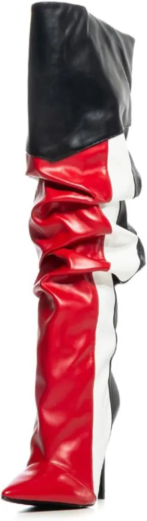 FOWT Women Pointed Toe Over The Knee High Boots Stiletto High Heel Long Boots Contrast Stitching Party Dance Shoes Size 4-16 US