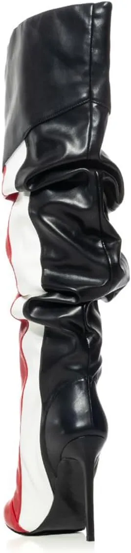 FOWT Women Pointed Toe Over The Knee High Boots Stiletto High Heel Long Boots Contrast Stitching Party Dance Shoes Size 4-16 US
