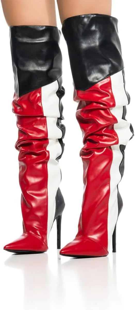 FOWT Women Pointed Toe Over The Knee High Boots Stiletto High Heel Long Boots Contrast Stitching Party Dance Shoes Size 4-16 US