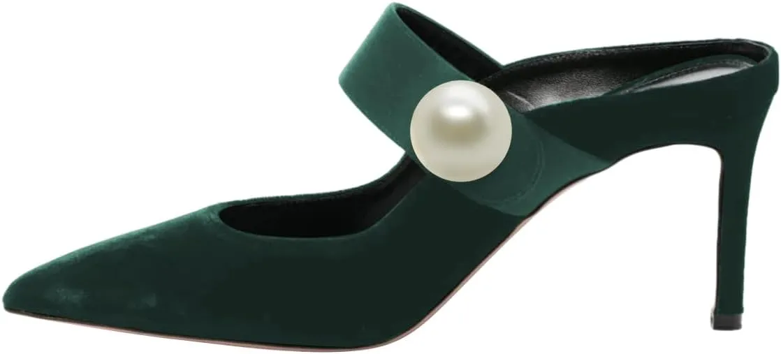 FOWT Women Pointed Toe Pearl Strap Mules Slip on Stiletto High Heels Elegant Dance Party Evening Shoes Size 4-16 US