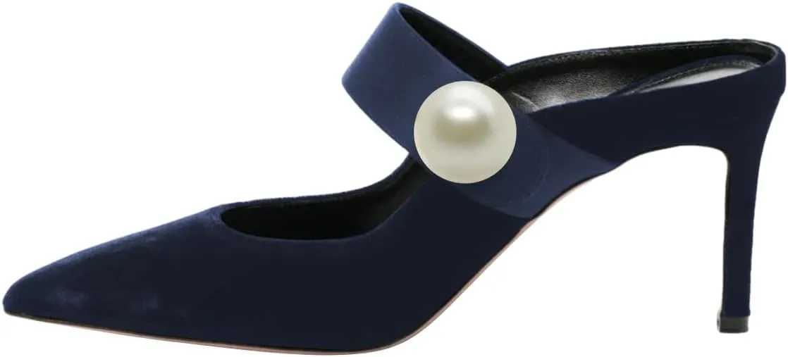 FOWT Women Pointed Toe Pearl Strap Mules Slip on Stiletto High Heels Elegant Dance Party Evening Shoes Size 4-16 US