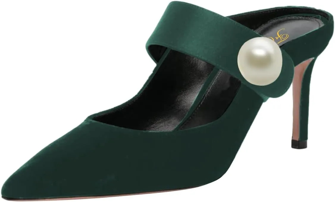 FOWT Women Pointed Toe Pearl Strap Mules Slip on Stiletto High Heels Elegant Dance Party Evening Shoes Size 4-16 US