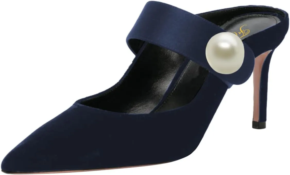 FOWT Women Pointed Toe Pearl Strap Mules Slip on Stiletto High Heels Elegant Dance Party Evening Shoes Size 4-16 US
