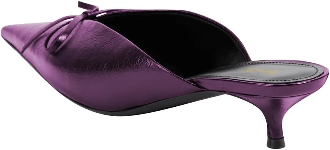 FOWT Women Pointed Toe Slip on Mules Bow Kitten Low Heel Slippers V Cut Indoor Outdoor Sandal Shoes Size 4-16 US