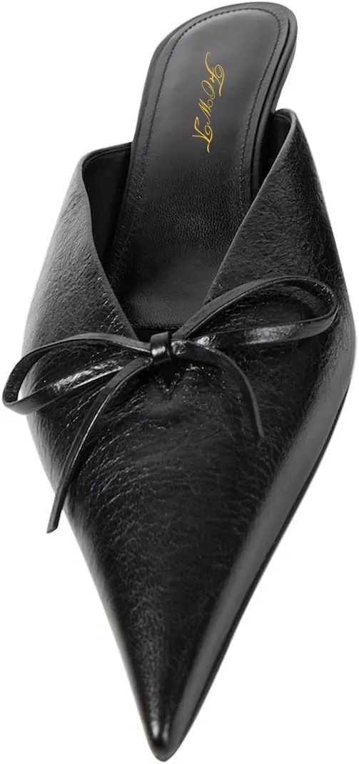 FOWT Women Pointed Toe Slip on Mules Bow Kitten Low Heel Slippers V Cut Indoor Outdoor Sandal Shoes Size 4-16 US