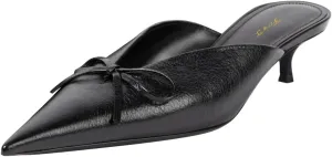 FOWT Women Pointed Toe Slip on Mules Bow Kitten Low Heel Slippers V Cut Indoor Outdoor Sandal Shoes Size 4-16 US