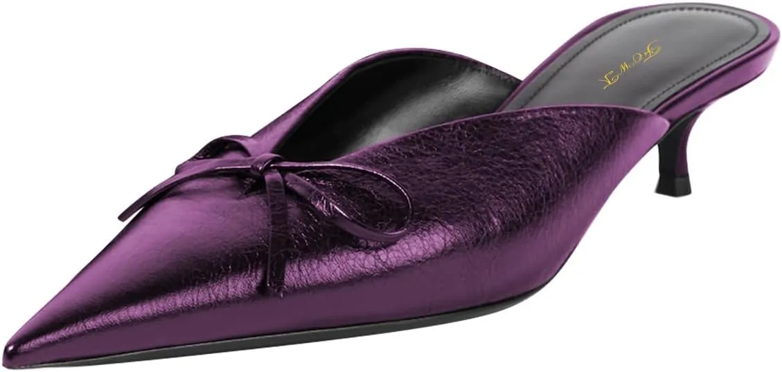 FOWT Women Pointed Toe Slip on Mules Bow Kitten Low Heel Slippers V Cut Indoor Outdoor Sandal Shoes Size 4-16 US