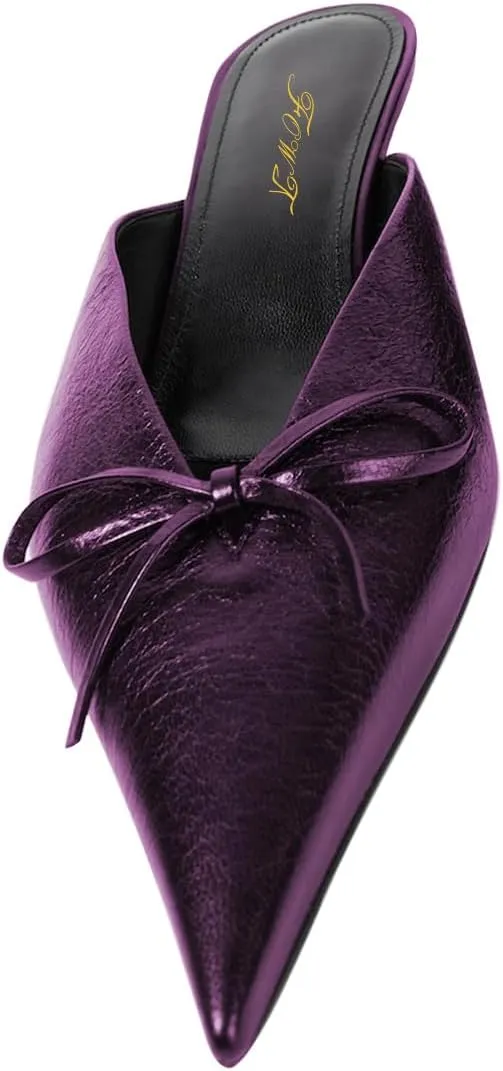 FOWT Women Pointed Toe Slip on Mules Bow Kitten Low Heel Slippers V Cut Indoor Outdoor Sandal Shoes Size 4-16 US