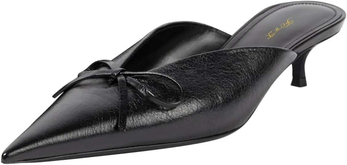 FOWT Women Pointed Toe Slip on Mules Bow Kitten Low Heel Slippers V Cut Indoor Outdoor Sandal Shoes Size 4-16 US