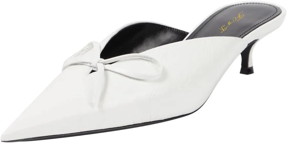 FOWT Women Pointed Toe Slip on Mules Bow Kitten Low Heel Slippers V Cut Indoor Outdoor Sandal Shoes Size 4-16 US