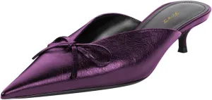 FOWT Women Pointed Toe Slip on Mules Bow Kitten Low Heel Slippers V Cut Indoor Outdoor Sandal Shoes Size 4-16 US