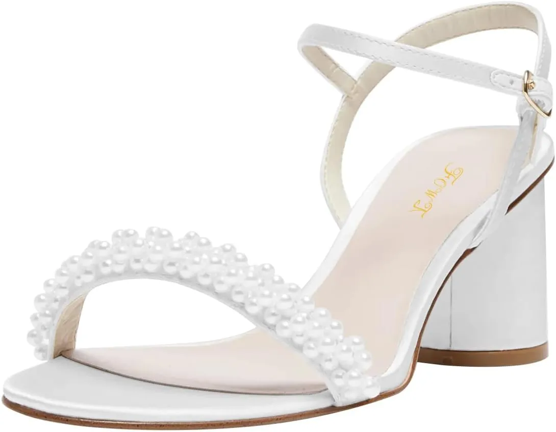FOWT Women Round Open Toe Sandals Ankle Strap Chunky Block Mid Heels Pearl Studded Wedding Evening Prom Shoes Size 4-16 US