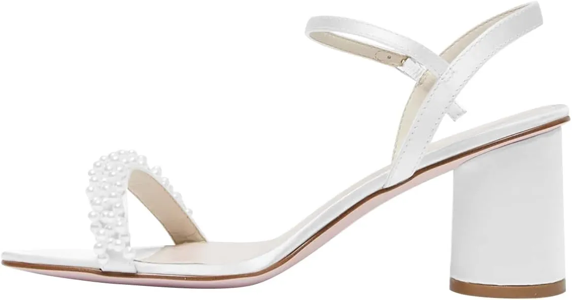 FOWT Women Round Open Toe Sandals Ankle Strap Chunky Block Mid Heels Pearl Studded Wedding Evening Prom Shoes Size 4-16 US