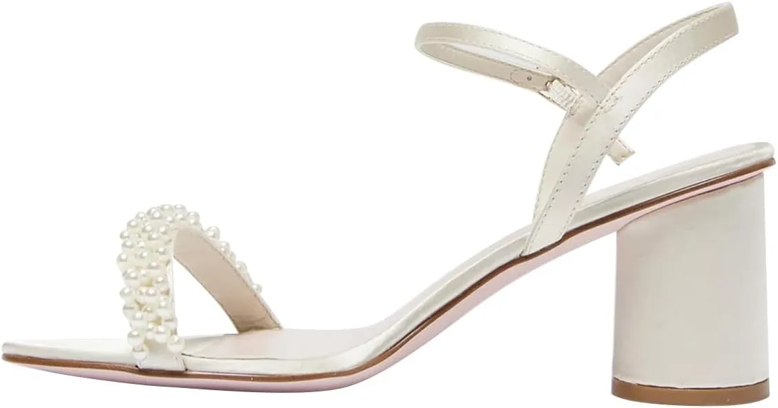 FOWT Women Round Open Toe Sandals Ankle Strap Chunky Block Mid Heels Pearl Studded Wedding Evening Prom Shoes Size 4-16 US