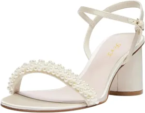 FOWT Women Round Open Toe Sandals Ankle Strap Chunky Block Mid Heels Pearl Studded Wedding Evening Prom Shoes Size 4-16 US