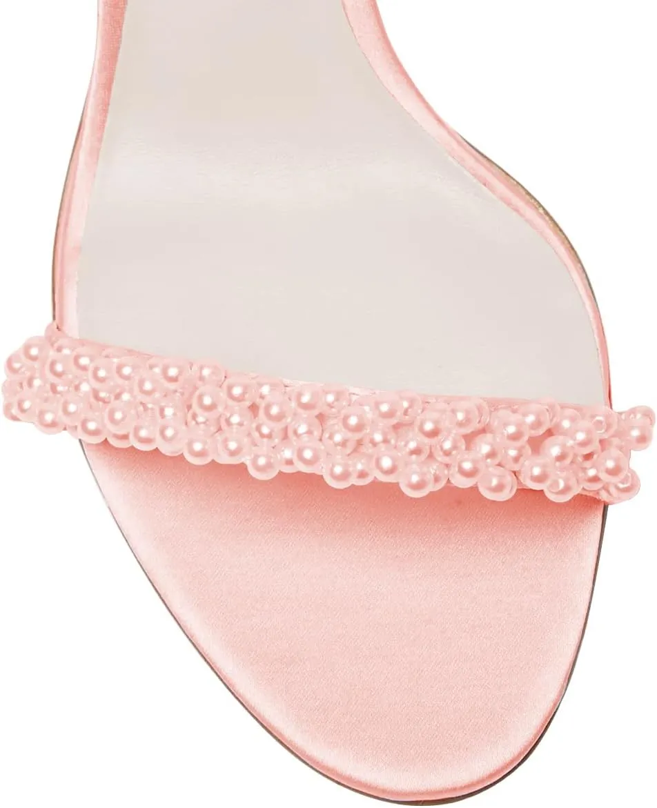 FOWT Women Round Open Toe Sandals Ankle Strap Chunky Block Mid Heels Pearl Studded Wedding Evening Prom Shoes Size 4-16 US