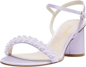 FOWT Women Round Open Toe Sandals Ankle Strap Chunky Block Mid Heels Pearl Studded Wedding Evening Prom Shoes Size 4-16 US