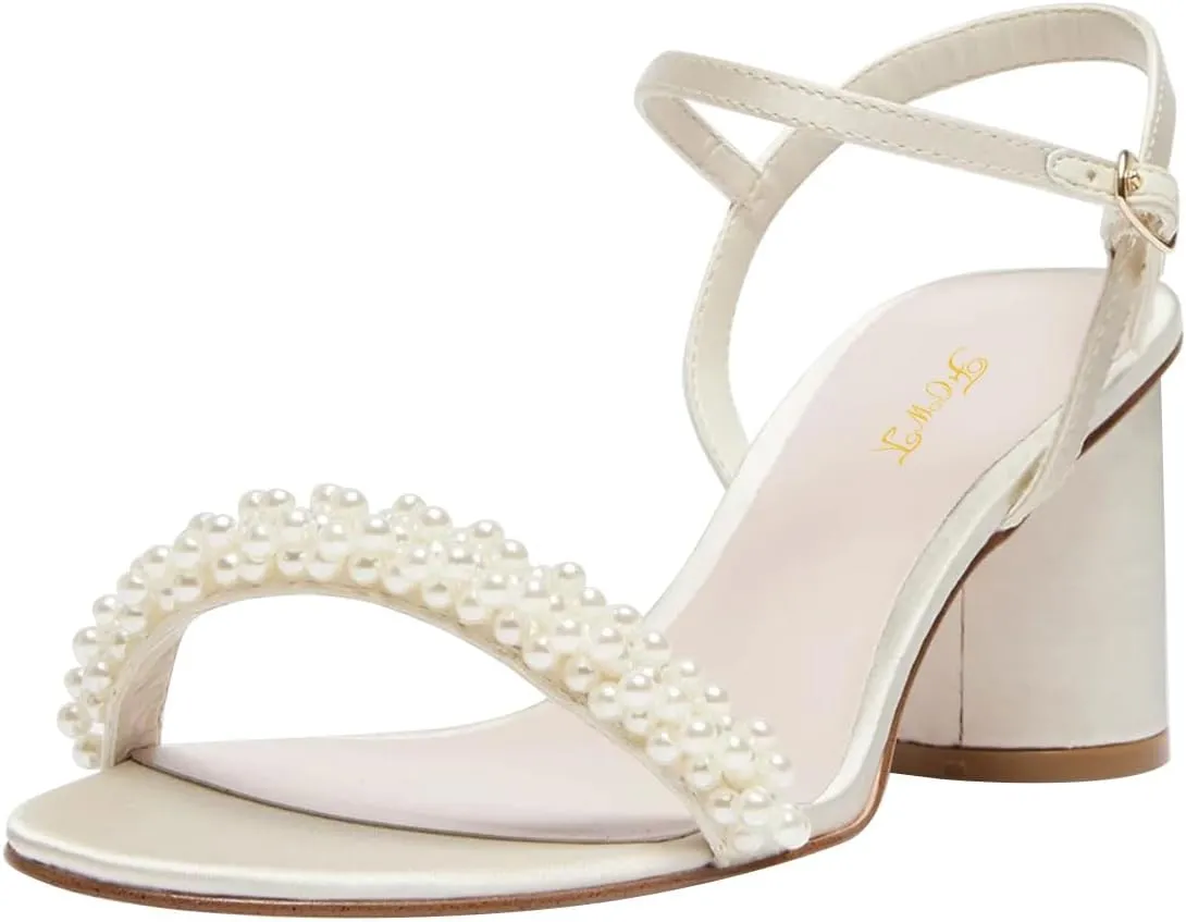 FOWT Women Round Open Toe Sandals Ankle Strap Chunky Block Mid Heels Pearl Studded Wedding Evening Prom Shoes Size 4-16 US