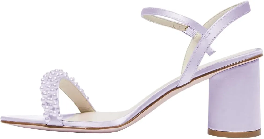 FOWT Women Round Open Toe Sandals Ankle Strap Chunky Block Mid Heels Pearl Studded Wedding Evening Prom Shoes Size 4-16 US